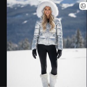 Silver Women's Ski Jacket with Faux Fur Hood Size 2 (S/M)